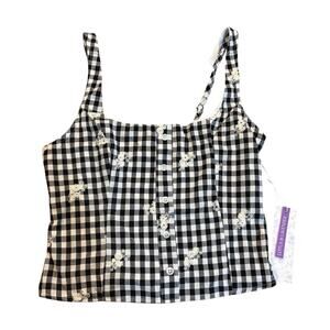 Lotus & Lavender Tan Top L Black‎ White Gingham Floral Button Front Crop NWT